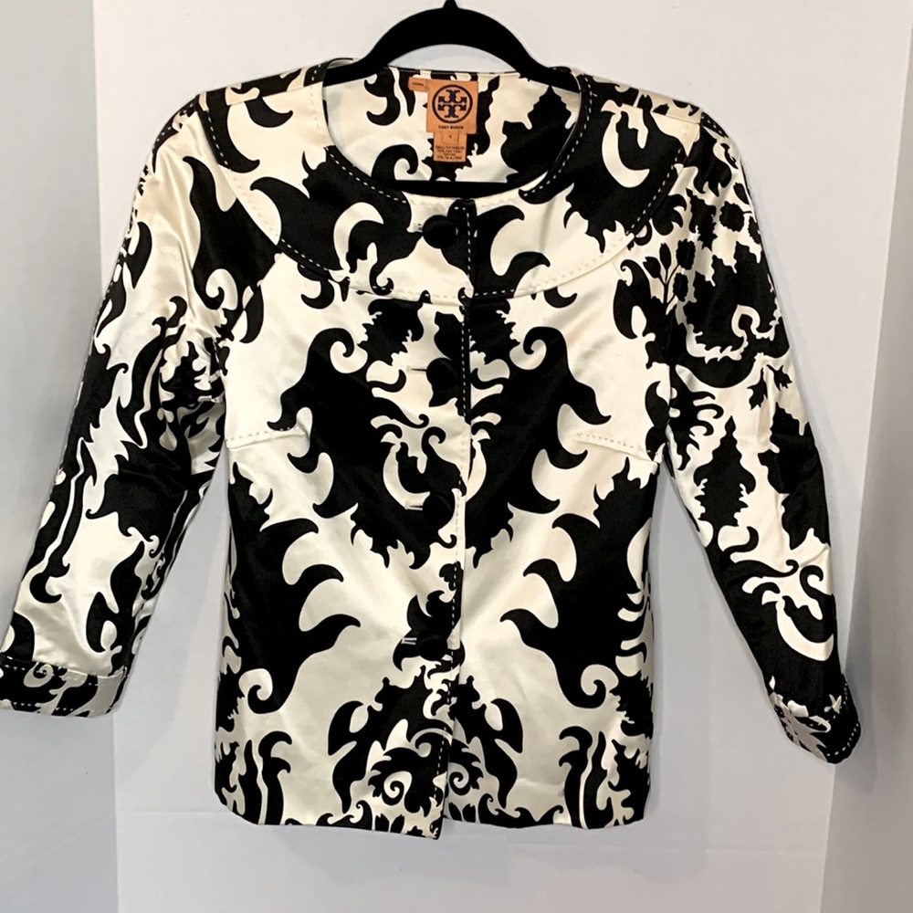 Tory Burch Silk Jacket Black Ivory Damask Fleur-de-lis Luxury Formal Cover Up 6